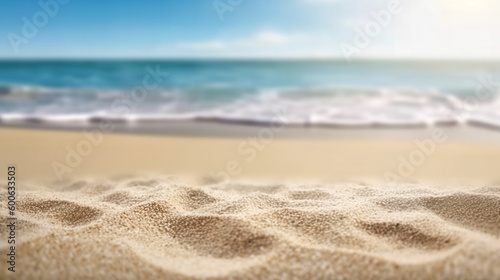 Empty sand on beach side space and summer sea side sunny day on background. Product display montage. template web site design. Generative Ai