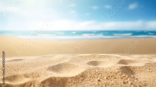 Empty sand on beach side space and summer sea side sunny day on background. Product display montage. template web site design. Generative Ai © qOppi