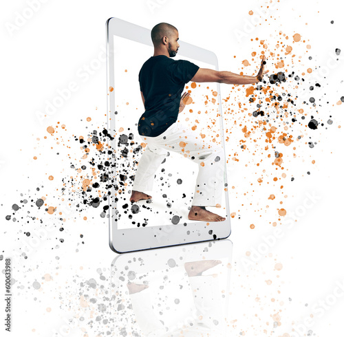 Fitness, frame and karate man on digital tablet in studio for training, health and creative sports on white background. Screen, box and male taekwondo trainer with online app for martial arts workout