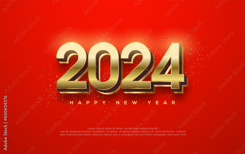 New Year 2024 Vector. Design with luxurious and shiny gold color. Premium vector design for greetings and celebration of Happy New Year 2024.