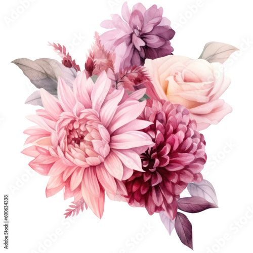 Illustration Bouquet of pink flowers, watercolor pink floral, rose, peony, dahlia, Isolated on transparent background. Generative AI