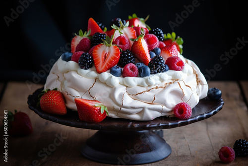 A traditional pavlova with strawberries, cream, black berries, blue berries and raspberries. An Australian cultural desert. generative AI