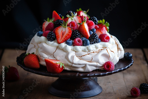 A traditional pavlova with strawberries, cream, black berries, blue berries and raspberries. An Australian cultural desert. generative AI photo
