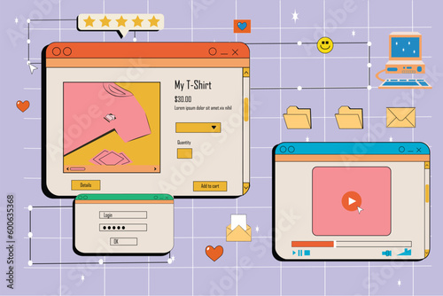 Y2k windows, retro screens in retrowave, vaporwave vintage style. Computer browser shopping and login interface, video player, pc desktop icon, star rating bar and folder user interface elements,  ux 
