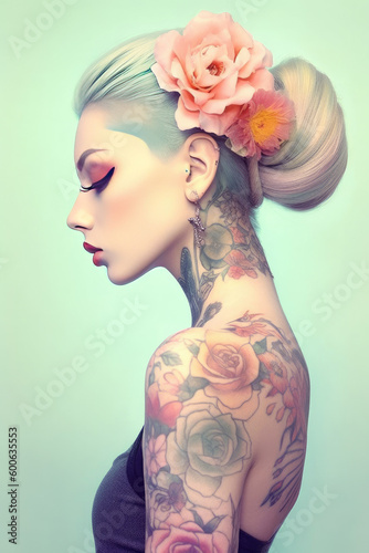 Beautiful girl with retro hairstyle and a lot of tattoos posing on pastel turquoise background. Generative AI..