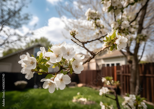 Flowers in bloom on a tree in a backyard in the spring, beautiful sky behind