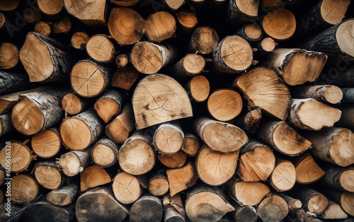 A pile of stacked firewood texture background. Generative AI 