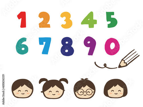 かわいい手書きの数字と鉛筆と子供達セット／手描きイラスト素材
