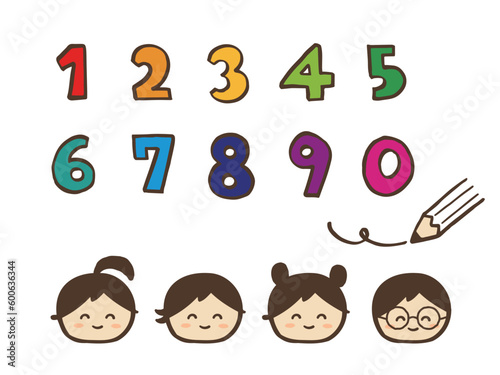 かわいい手書きの数字と鉛筆と子供達セット／手描きイラスト素材