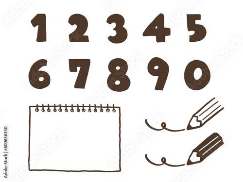 かわいい手書きの数字と鉛筆とメモセット／手描きイラスト素材