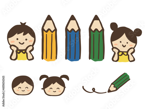かわいい子供達と鉛筆セット／手描きイラスト素材