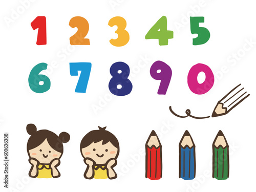 かわいい手書きの数字と鉛筆と子供達セット／手描きイラスト素材