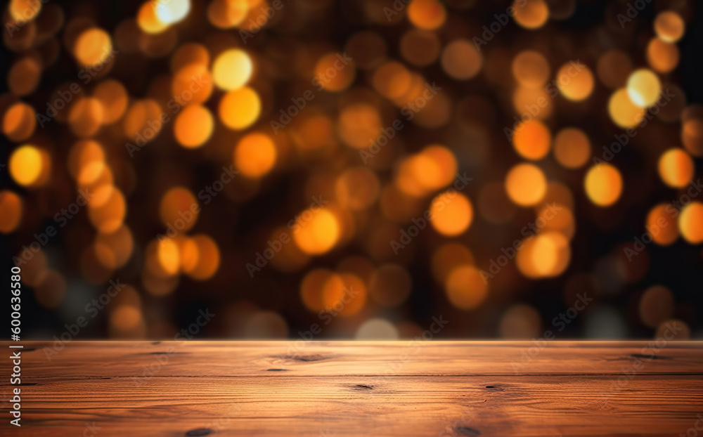 Christmas Lights Bokeh on Wooden Table. Festive Background for Decoration and Celebration. Generative AI illustrations. 