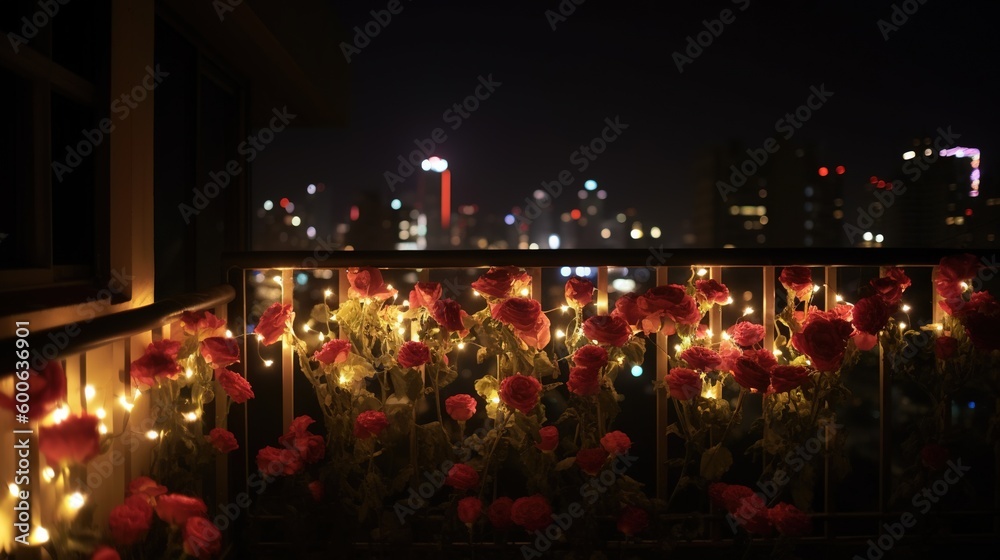  a view of a city at night with lights and flowers.  generative ai
