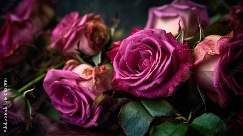 a bunch of pink roses with green leaves on a table. generative ai a bunch of pink roses with green leaves on a table. generative ai