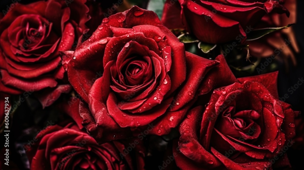 a bunch of red roses with water droplets on them,. generative ai a bunch of red roses with water droplets on them,. generative ai