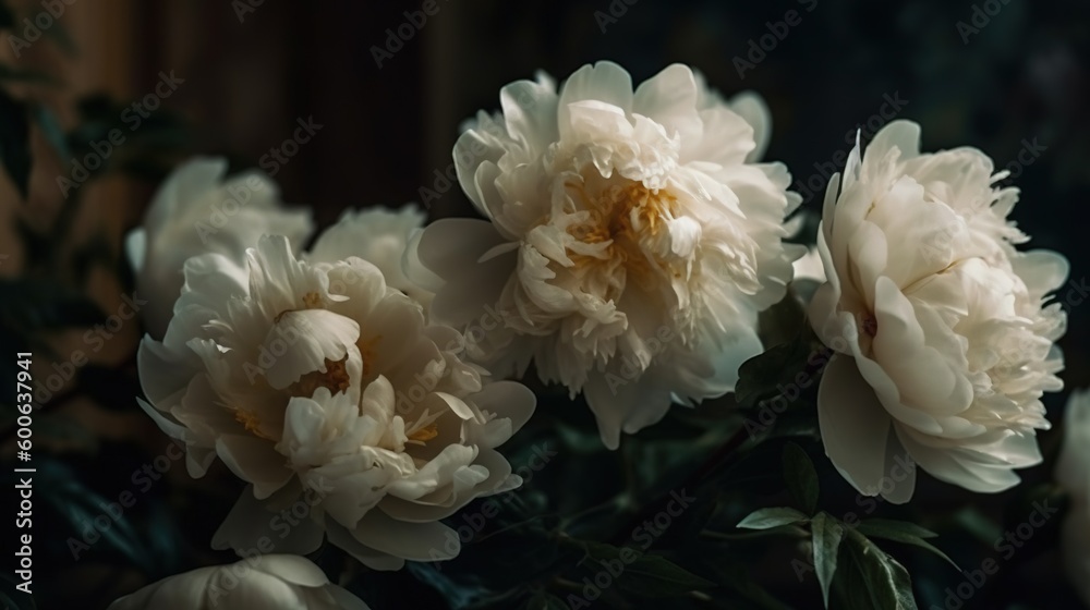 a bunch of white flowers with green leaves on a dark background. generative ai a bunch of white flowers with green leaves on a dark background. generative ai
