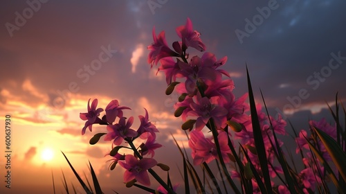  a bunch of pink flowers are in the grass at sunset.  generative ai © Shanti