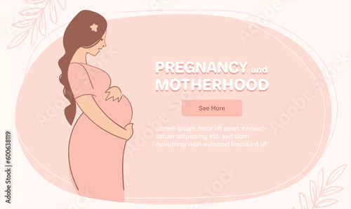 Banner of pregnancy and motherhood with place for text. Happy pregnant woman, obstetrics and motherhood support. Vector flat cartoon landing page template.