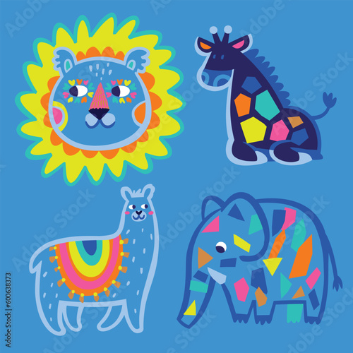 Set of cute funny cartoon animal characters lion  giraffe  llama and elephant. Scandinavian style  flat design.