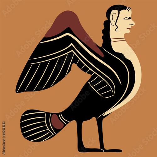 Siren or Harpy. Bird with woman head. Ancient Greek vase painting design. Fantastic mythological animal.