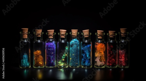  a row of glass bottles filled with different colored rocks and rocks. generative ai