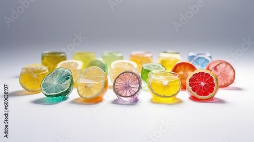  a group of different colored glasses with slices of lemon, grapefruit, and grapefruit. generative ai