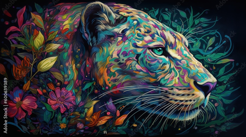  a painting of a tiger with colorful flowers on it's face.  generative ai