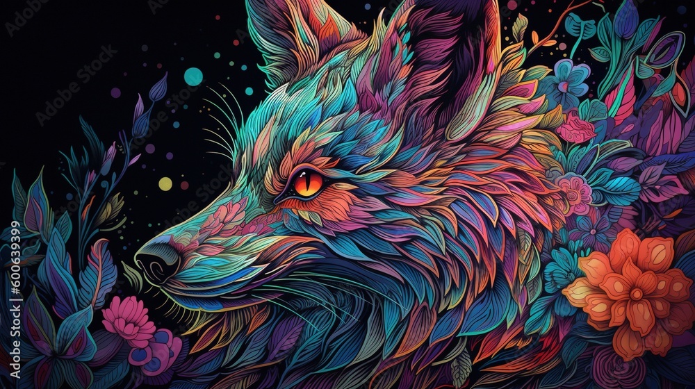  a painting of a wolf with flowers and leaves on a black background.  generative ai