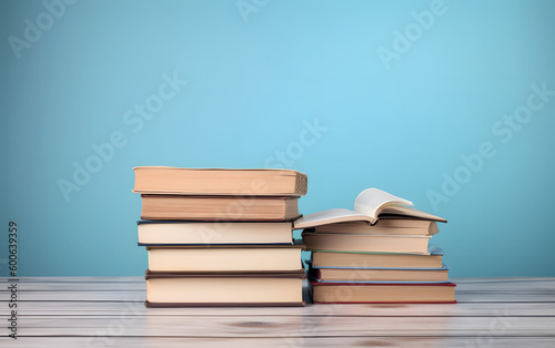 Stack of books isolated on blue background with copy space