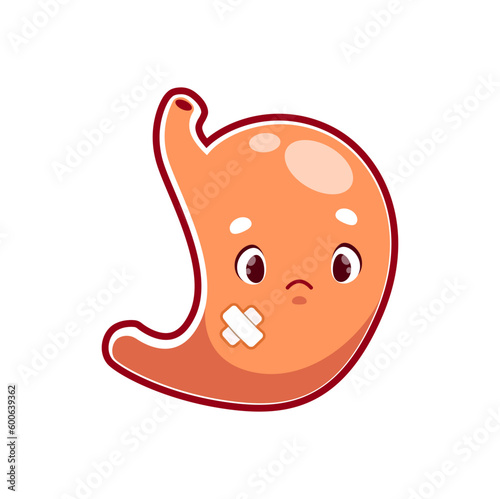 Cartoon sick stomach organ character, vector human anatomy. Cute stomach personage with sad face and bandage. Injured unhealthy organ of digestive system, gastritis, ulcer or cancer disease emoticon