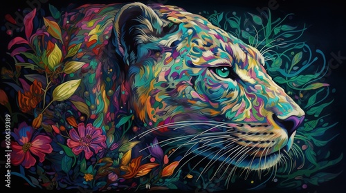  a painting of a tiger with colorful flowers on it's face. generative ai