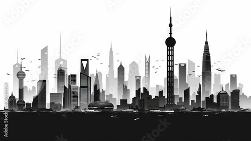  a black and white picture of a city with tall buildings.  generative ai