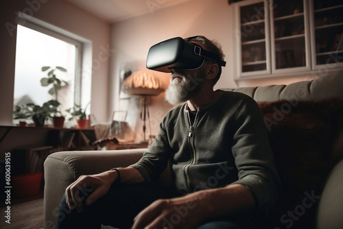 Old man with a bread sitting on the sofa wearing virtual reality goggles. Adult looking in VR glasses, experiencing 3D gadget technology. Simulator glasses, another reality. Generative AI Technology.