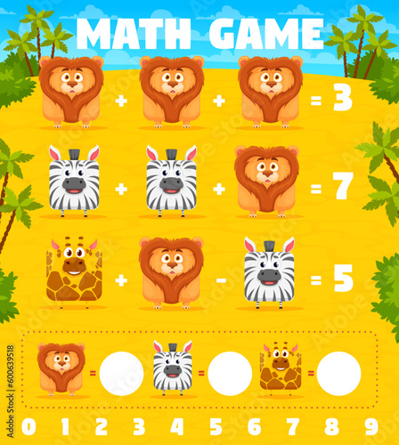 Lion, zebra and giraffe square animal faces. Math game worksheet. Vector mathematics riddle for children education and learning arithmetic equations. Development of calculation skills, puzzle task