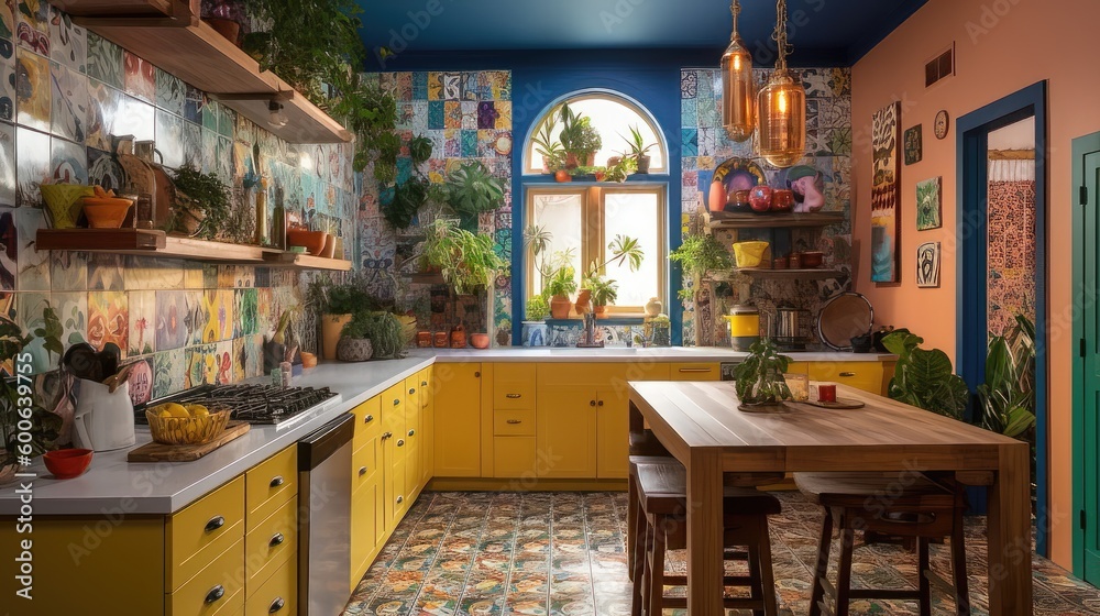 Eccentric Delights: A Colorful and Eclectic Kitchen with Vibrant Patterns and Vintage Flair 3. Generative AI