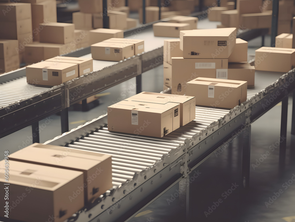 Multiple carton boxes being transported on conveyor belts in factory before delivering Multiple carton boxes being transported on conveyor belts in factory before delivering