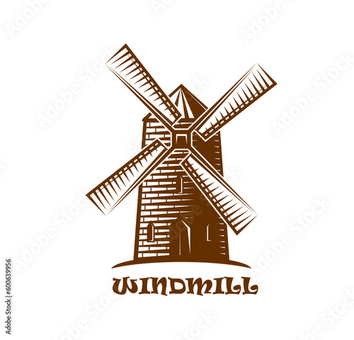 Windmill symbol. Bakery or bakehouse, flour production or agriculture company symbol with rural windmill or countryside building. Europe travel agency hand drawn vector emblem with engraved old mill