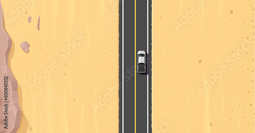 Desert road top view. Utah hot valley driveway, arabian dessert speed freeway or Egypt wilderness terrain highway backdrop. Africa asphalt road wallpaper or background with truck car, sand and rocks