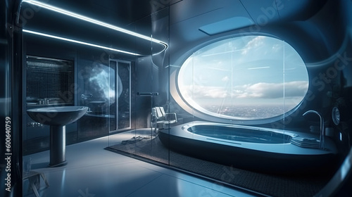  a futuristic bathroom with a round window and a bathtub. generative ai