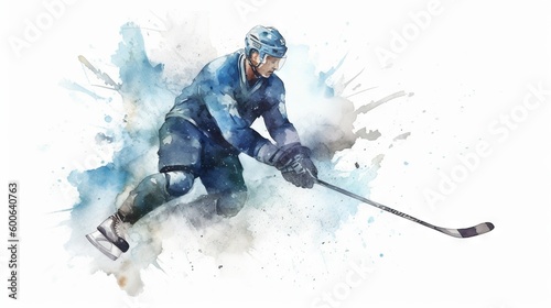  a watercolor painting of a hockey player in blue uniform. generative ai
