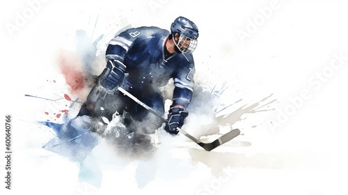  a watercolor painting of a hockey player with a stick. generative ai