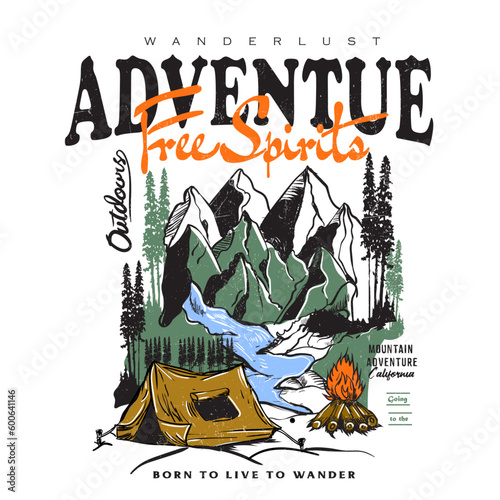 vector outside the great outdoors, Adventure at the mountain graphic artwork for t shirt and others. Mountain with tree retro vintage print design. the great outdoors.