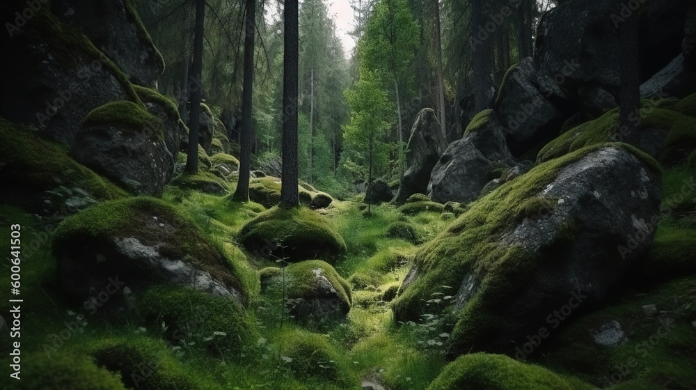  a lush green forest filled with lots of rocks and trees.  generative ai