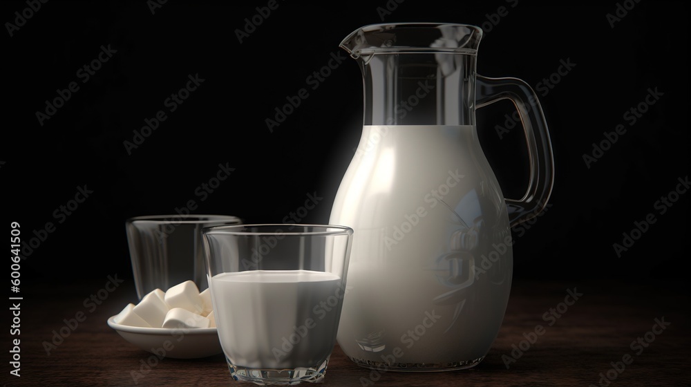 a pitcher of milk and two glasses of milk on a table. generative ai a pitcher of milk and two glasses of milk on a table. generative ai