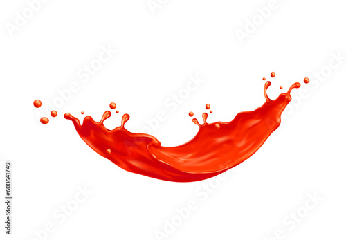 Tomato ketchup wave flow splash. Ketchup sauce, fresh tomato juice or juicy beverage falling isolated vector ripples. Red paint jet drip or realistic splash fizz with droplets