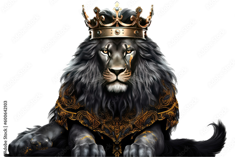 The Royal Black lion with luxury dress costume. Close up Portrait King lion with throne and crown isolated on white background. Generative AI. The Royal Black lion with luxury dress costume. Close up Portrait King lion with throne and crown isolated on white background. Generative AI.
