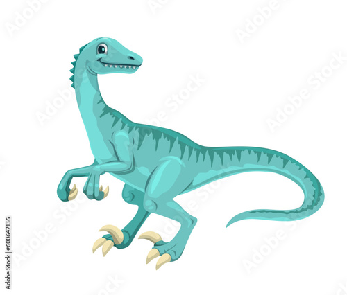 Cartoon Velociraptor dinosaur character. Paleontology prehistoric reptile  extinct lizard animal isolated vector personage. Mesozoic era carnivorous dinosaur or raptor comic mascot with sharp claws