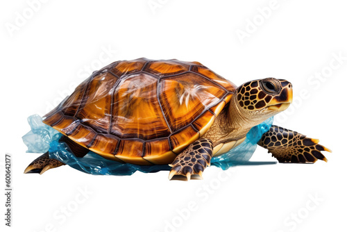 Close up sea turtle with plastic bag isolated on white background, Sea life marine wildlife, with Generative Ai.