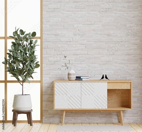 3D rendering minimal style living room with wooden floor ,white wall,big couch,big window,carpet,wooden cabinet wall for mockup and copy space...